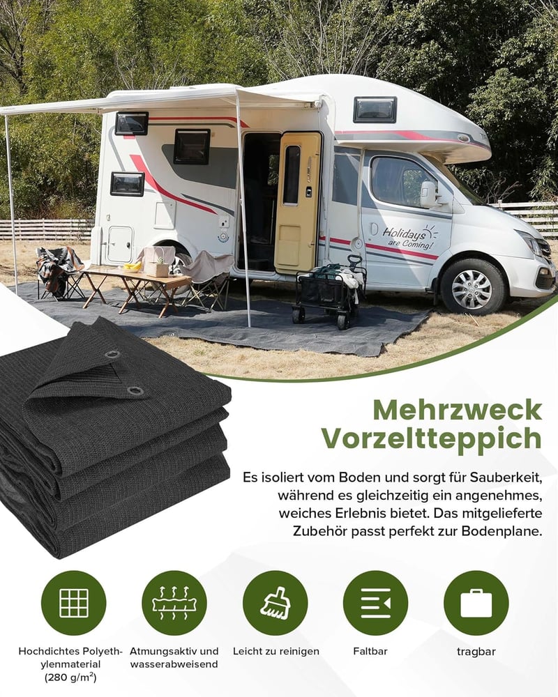 FoundGo Sátor Szőnyeg Acél Szemekkel 280g/m² HDPE Kempingszőnyeg Hordtáskával - 2.5 x 4.5 m, charcoal
