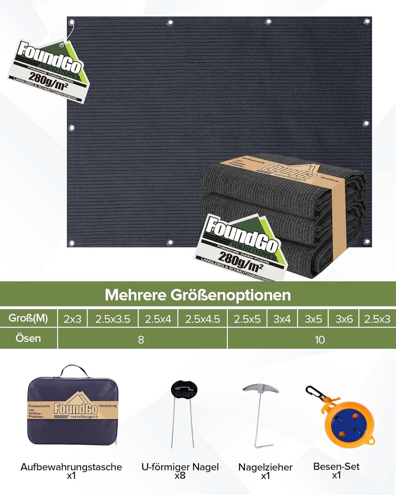 FoundGo Sátor Szőnyeg Acél Szemekkel 280g/m² HDPE Kempingszőnyeg Hordtáskával - 2.5 x 4.5 m, charcoal