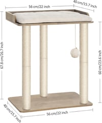 FourFurPets Greige turn pentru pisici din lemn, 68 cm înălțime, 6 stâlpi de zgâriat din sisal de 30 cm, platformă 56x40 cm, pernă detașabilă, pom-pom, ușor de curățat 7