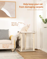 FourFurPets Greige turn pentru pisici din lemn, 68 cm înălțime, 6 stâlpi de zgâriat din sisal de 30 cm, platformă 56x40 cm, pernă detașabilă, pom-pom, ușor de curățat 2