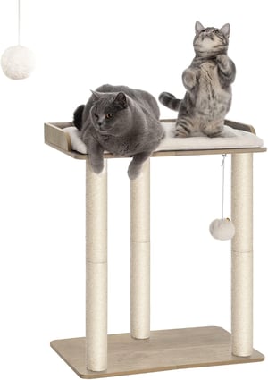 FourFurPets Greige fa macskatorony 68 cm magas 6 db 30 cm szizál kaparóoszlop 56x40 cm platform kivehető párna pom pom könnyen tisztítható