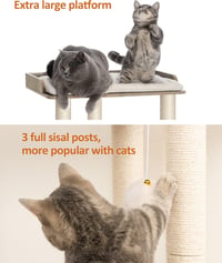 FourFurPets Greige turn pentru pisici din lemn, 68 cm înălțime, 6 stâlpi de zgâriat din sisal de 30 cm, platformă 56x40 cm, pernă detașabilă, pom-pom, ușor de curățat 4