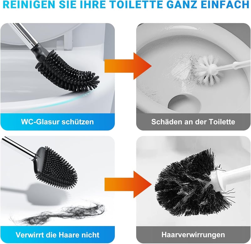Fowooyeen szilikon WC kefe fekete, fali, rozsdamentes acél nyéllel, szívforma, fúrás nélkül