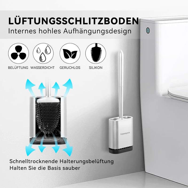 Fowooyeen szilikon WC kefe tartóval, falra szerelhető vagy állványos, ezüst matt