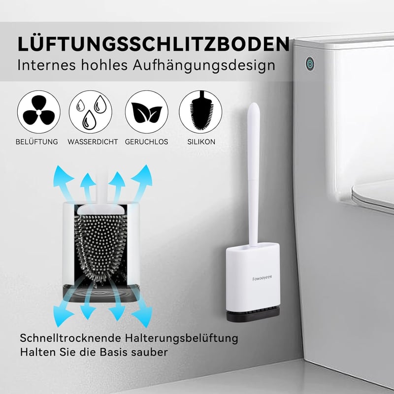 Fowooyeen szilikon WC kefe tartóval, falra szerelhető vagy állványos, fehér matt