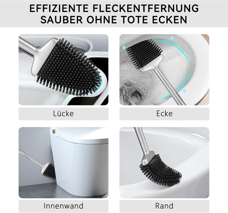Fowooyeen szilikon WC kefe tartóval, falra szerelhető vagy állványos, ezüst matt