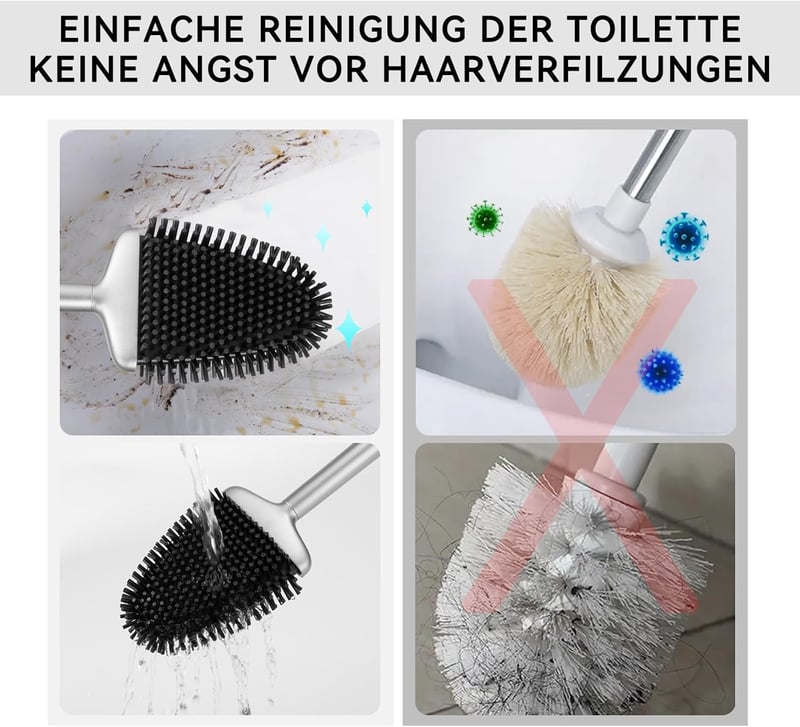 Fowooyeen szilikon WC kefe tartóval, falra szerelhető vagy állványos, ezüst matt