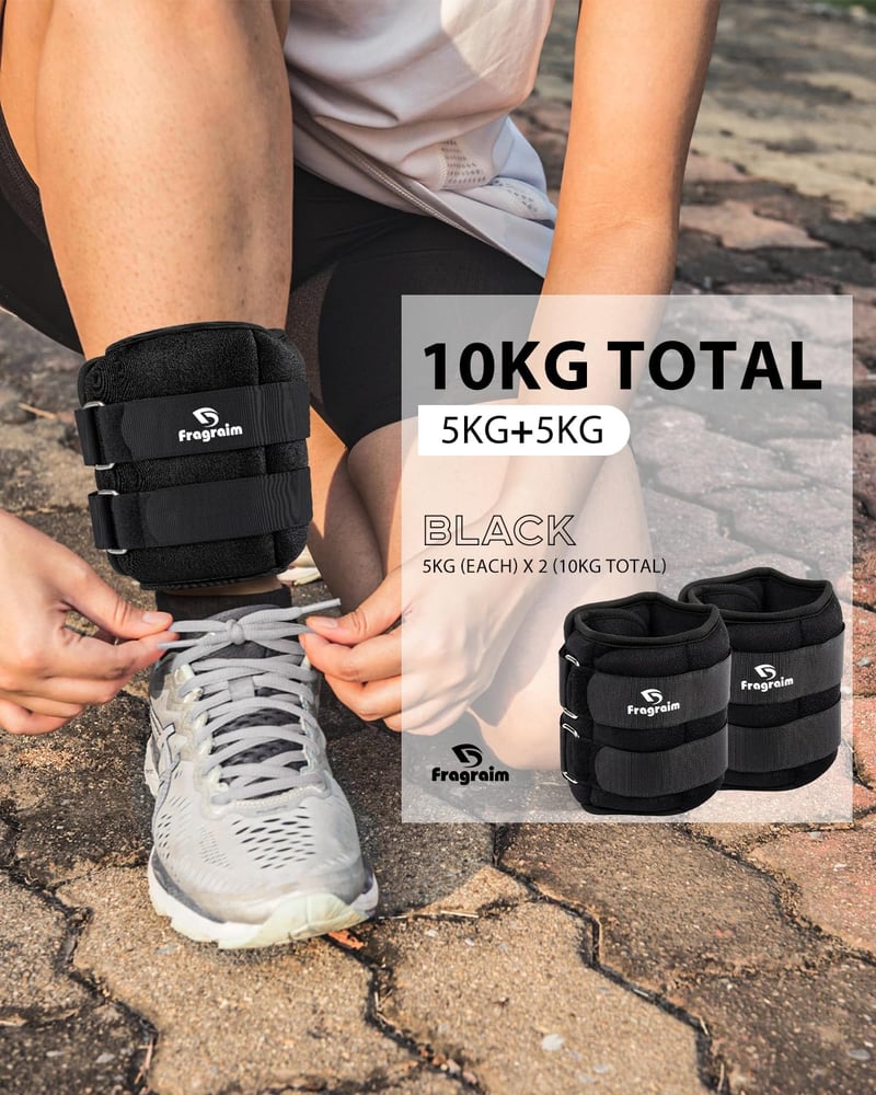 Fragraim Súlyozott Bokapánt 0,5-5 kg - Állítható Neoprén Csuklósúly és Bokasúly Edzéshez, Futáshoz, Fitneszhez - Fekete - 5 kg x 2