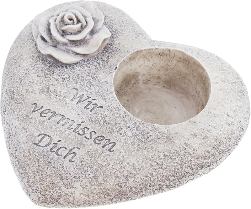 FRANK FLECHTWAREN Szív alakú sírkert dekoráció "Wir vermissen Dich" 18x20cm gyertyatartóval