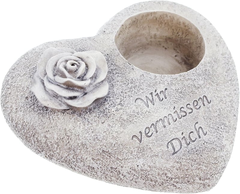 FRANK FLECHTWAREN Szív alakú sírkert dekoráció "Wir vermissen Dich" 18x20cm gyertyatartóval