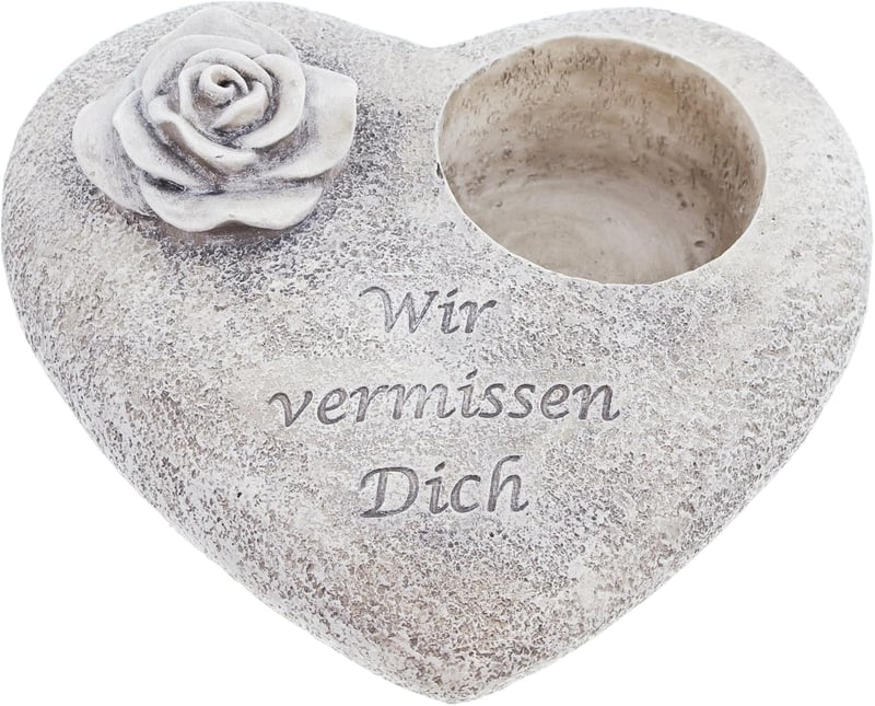 FRANK FLECHTWAREN Szív alakú sírkert dekoráció "Wir vermissen Dich" 18x20cm gyertyatartóval