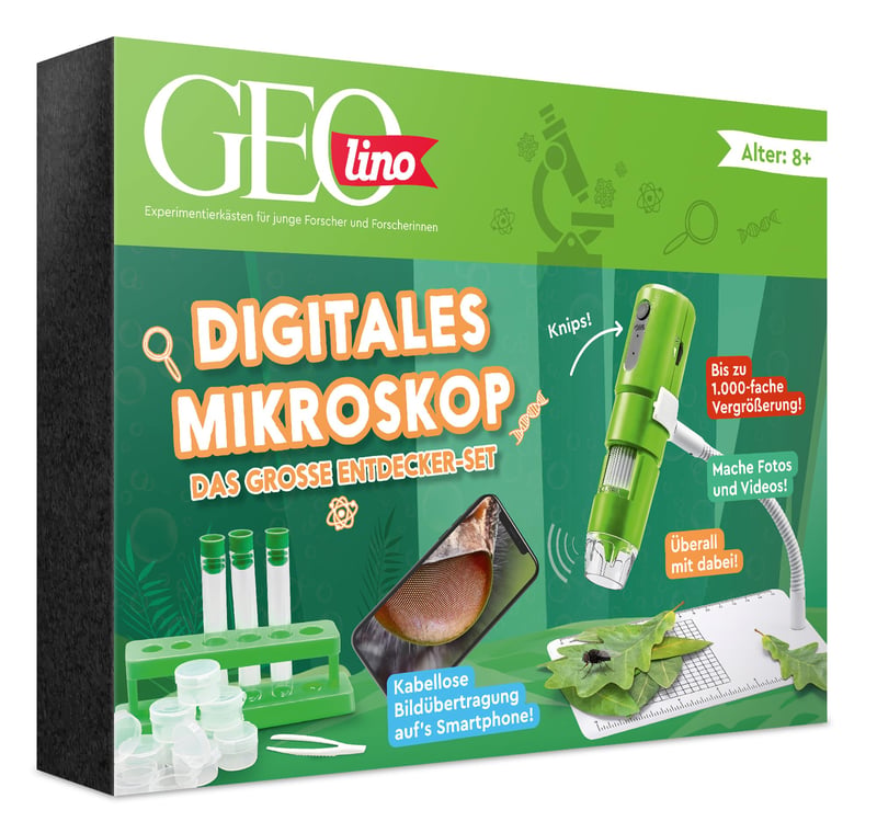 Digitálny mikroskop pre deti Franzis Geolino 67184 – Veľká objaviteľská súprava s nápadmi na experimenty do interiéru aj exteriéru, od 8 rokov, 96-dielna