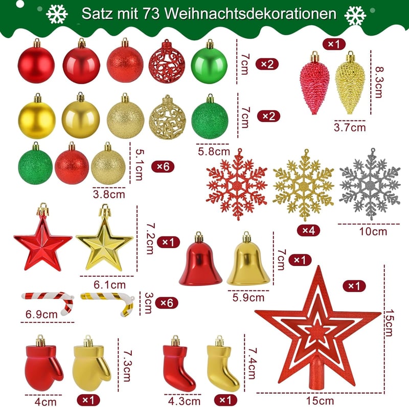 Frbyvad Karácsonyi Gömb Szett 73 db - Prémium Műanyag Karácsonyfadíszek Többféle Színben és Formában, Törésálló Dekorációs Készlet Akasztókk