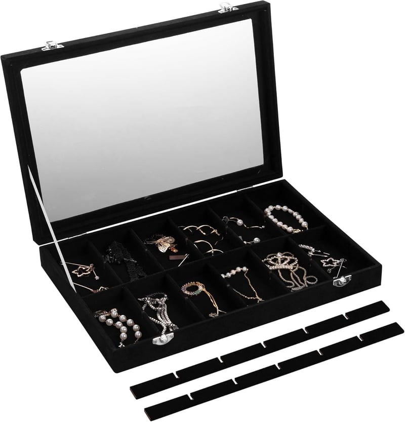 Frebeauty 24 részes bársony ékszertartó doboz átlátszó fedéllel - 24 Grid, Black