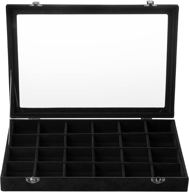Frebeauty 24 részes bársony ékszertartó doboz átlátszó fedéllel - 24 Grid, Black