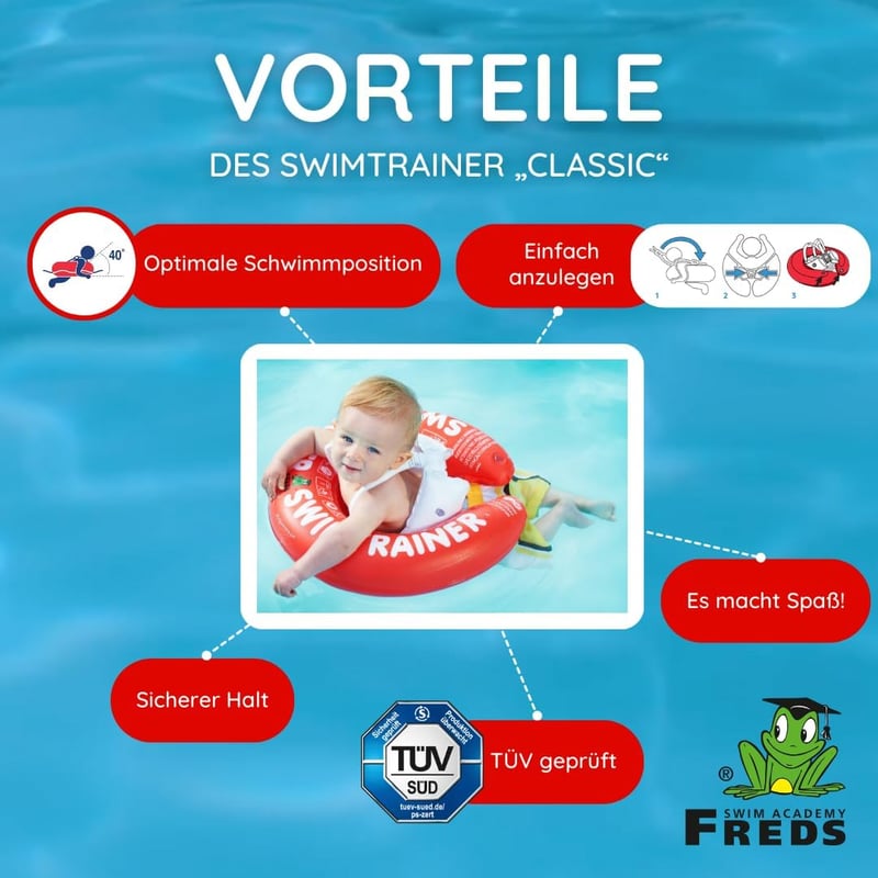 FREDS SWIM ACADEMY Swimtrainer Classic piros úszótrainer 3 hónapos kortól, felfújható úszósegítség kezdőknek