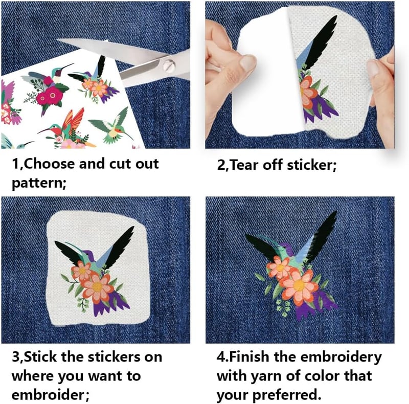 FREEBLOSS 35 db Vízben Oldódó Öntapadós Hímzőalátét - Kolibri és Virág Mintákkal Ruhák Díszítéséhez, 21x29,7 cm