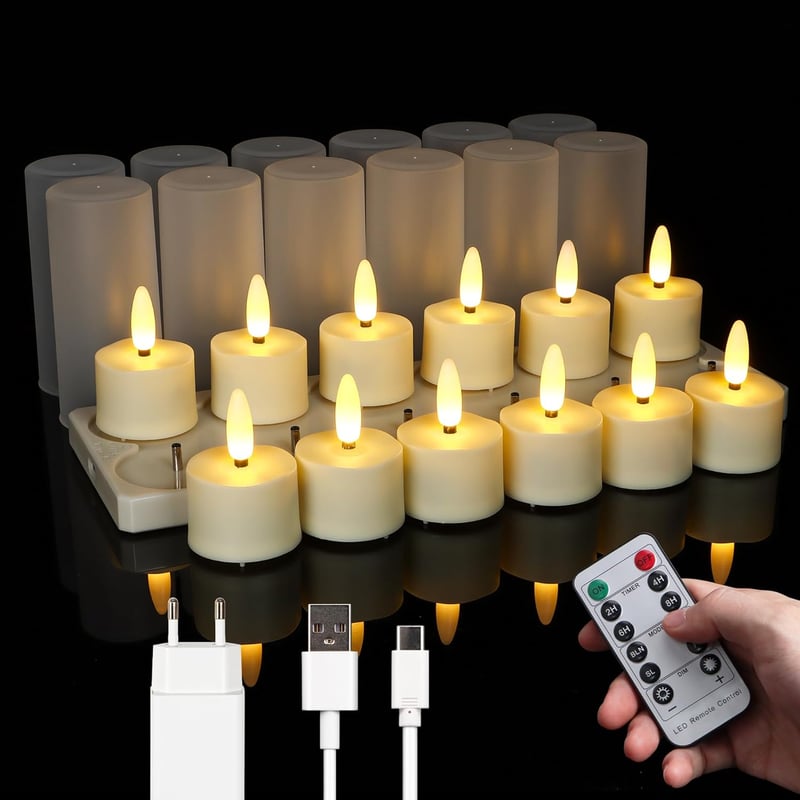 FREEPOWER 12 LED Mécses Újratölthető USB Töltőállomással Távirányító Időzítő Meleg Fehér Fény Gyertya Szett 4x5.5cm