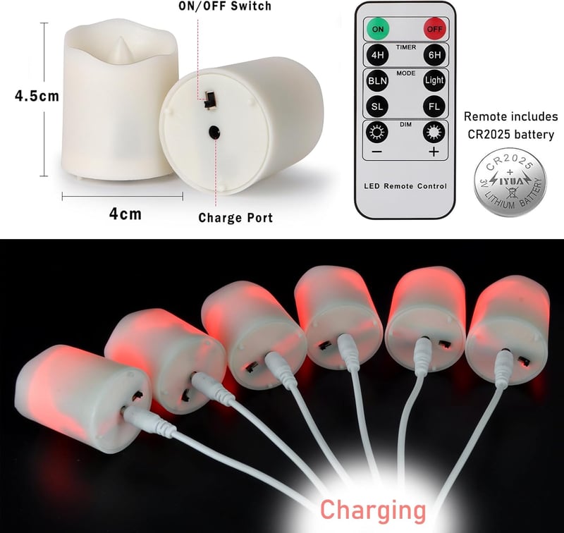 FREEPOWER 6 db Újratölthető LED Gyertya Távirányítóval, Időzítővel, Meleg Fehér, Dimmelhető