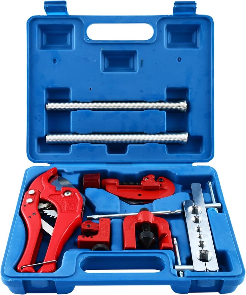 FreeTec 9 részes fékcsőperemező készlet - PVC és rézcső vágó, csőhajlító, 3-42 mm méretű csövekhez, autó fékcső javításhoz

AI: I've created
