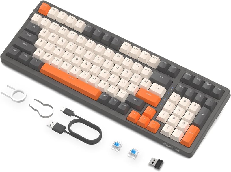 FREEWOLF K8 vezeték nélküli mechanikus gamer billentyűzet, Hot-Swap, RGB, Blue Switch - szürke-narancs
