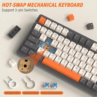 FREEWOLF K8 vezeték nélküli mechanikus gamer billentyűzet, Hot-Swap, RGB, Blue Switch - szürke-narancs 4