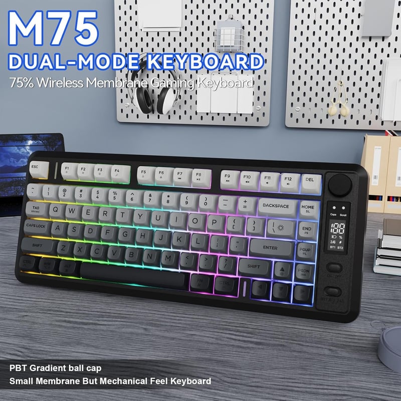 FREEWOLF M75 Kettős Módú Billentyűzet, Bluetooth+2.4G, Kijelzővel, 82 PBT Színátmenetes Billentyűsapkával, RGB Háttérvilágítással, Mac/Windo
