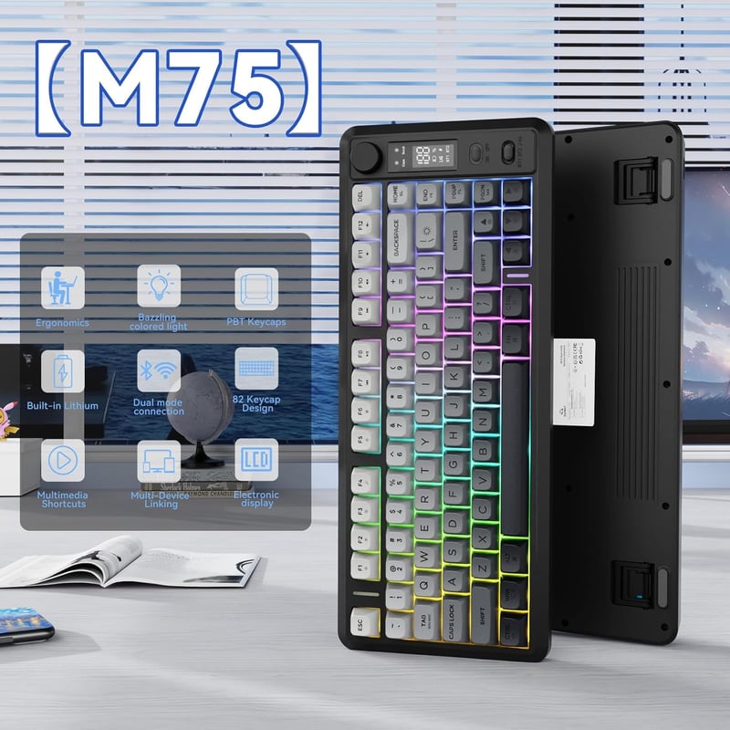 FREEWOLF M75 Kettős Módú Billentyűzet, Bluetooth+2.4G, Kijelzővel, 82 PBT Színátmenetes Billentyűsapkával, RGB Háttérvilágítással, Mac/Windo