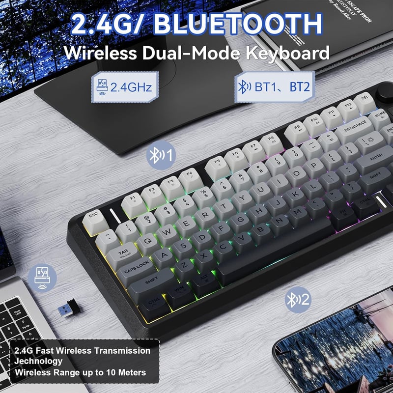 FREEWOLF M75 Kettős Módú Billentyűzet, Bluetooth+2.4G, Kijelzővel, 82 PBT Színátmenetes Billentyűsapkával, RGB Háttérvilágítással, Mac/Windo