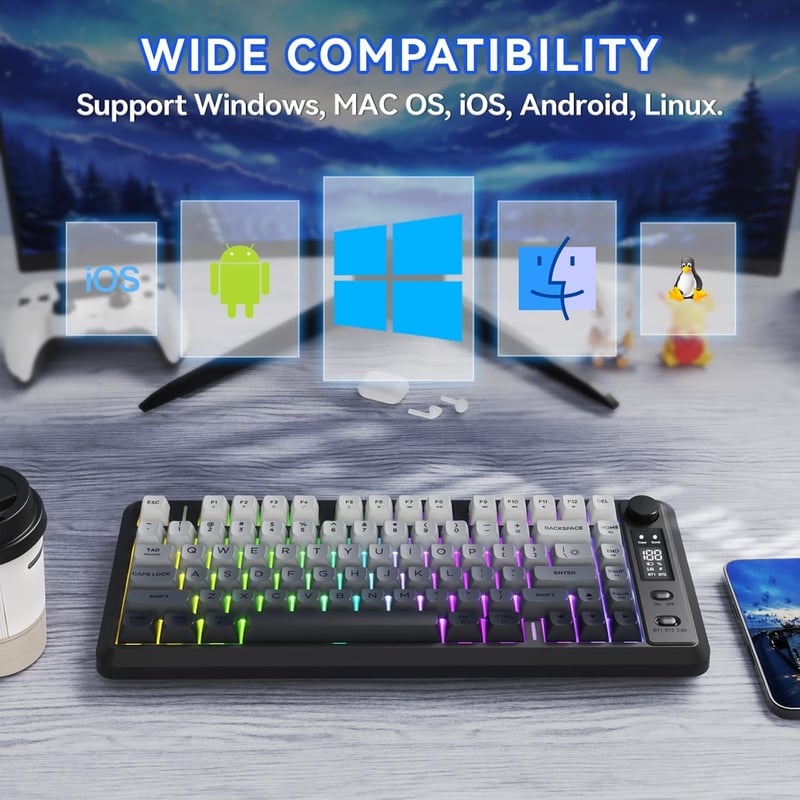 FREEWOLF M75 Kettős Módú Billentyűzet, Bluetooth+2.4G, Kijelzővel, 82 PBT Színátmenetes Billentyűsapkával, RGB Háttérvilágítással, Mac/Windo