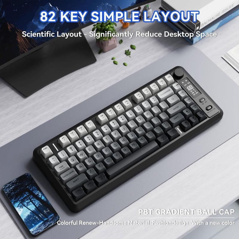 FREEWOLF M75 Kettős Módú Billentyűzet, Bluetooth+2.4G, Kijelzővel, 82 PBT Színátmenetes Billentyűsapkával, RGB Háttérvilágítással, Mac/Windo
