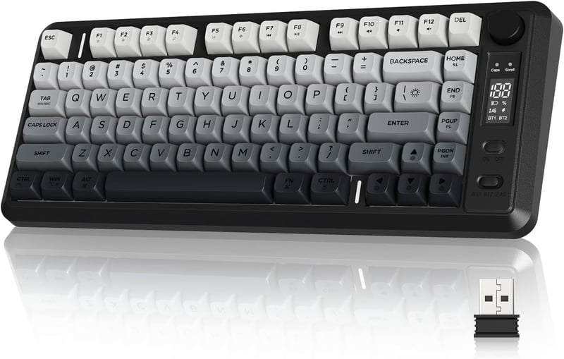 FREEWOLF M75 Kettős Módú Billentyűzet, Bluetooth+2.4G, Kijelzővel, 82 PBT Színátmenetes Billentyűsapkával, RGB Háttérvilágítással, Mac/Windo