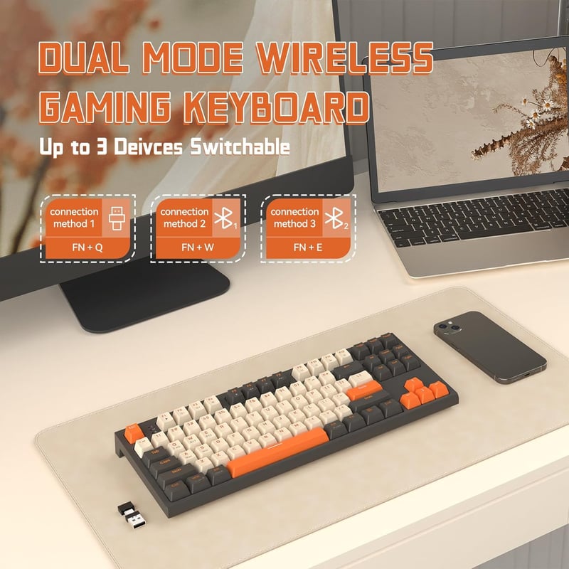 FREEWOLF M88 TKL Wireless Gaming Billentyűzet, Mechanikus, Hot-Swap, Bluetooth/2.4GHz, Red Switch, QWERTY - Grey and orange
