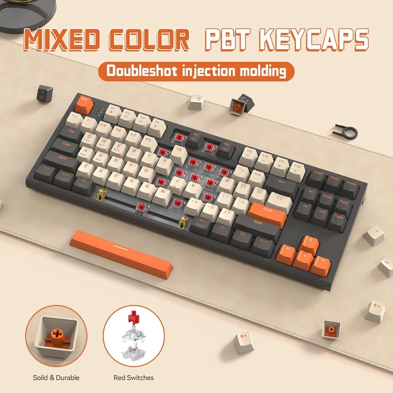 FREEWOLF M88 TKL Wireless Gaming Billentyűzet, Mechanikus, Hot-Swap, Bluetooth/2.4GHz, Red Switch, QWERTY - Grey and orange