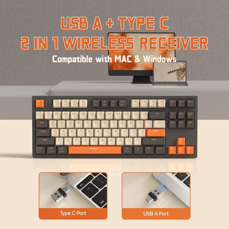 FREEWOLF M88 TKL Wireless Gaming Billentyűzet, Mechanikus, Hot-Swap, Bluetooth/2.4GHz, Red Switch, QWERTY - Grey and orange