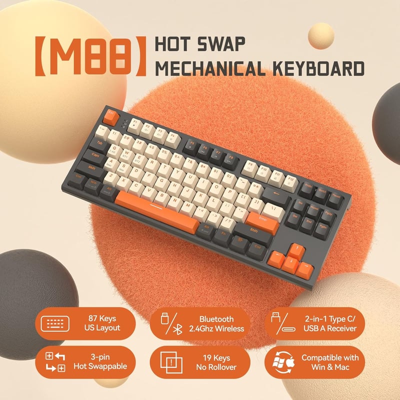 FREEWOLF M88 TKL Wireless Gaming Billentyűzet, Mechanikus, Hot-Swap, Bluetooth/2.4GHz, Red Switch, QWERTY - Grey and orange