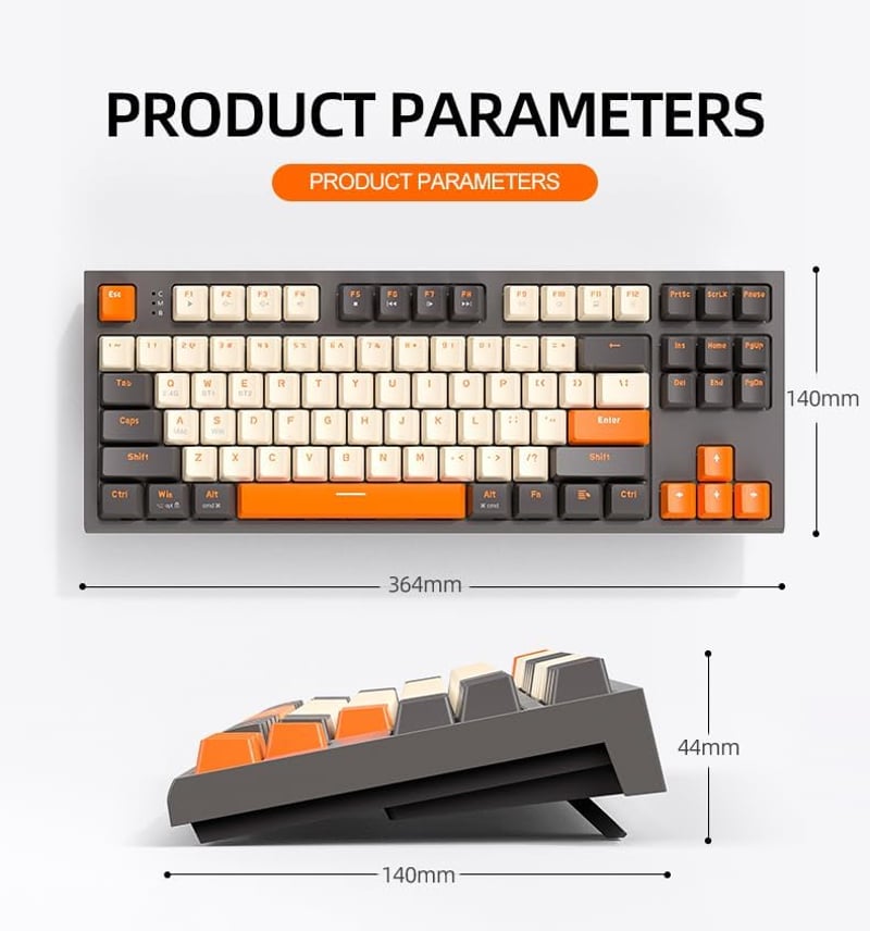 FREEWOLF M88 TKL Wireless Gaming Billentyűzet, Mechanikus, Hot-Swap, Bluetooth/2.4GHz, Red Switch, QWERTY - Grey and orange