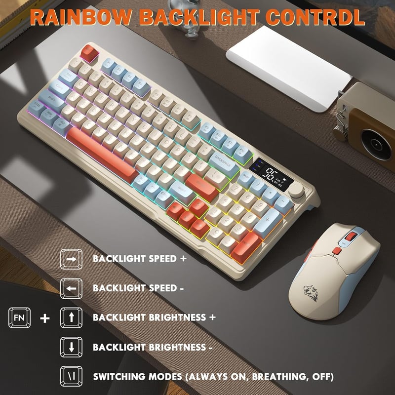 FREEWOLF T96 vezeték nélküli billentyűzet és egér Bluetooth és 2.4G, PBT keycaps, QWERTY, kijelző, médiahúzógörgő, halk, Blueberry