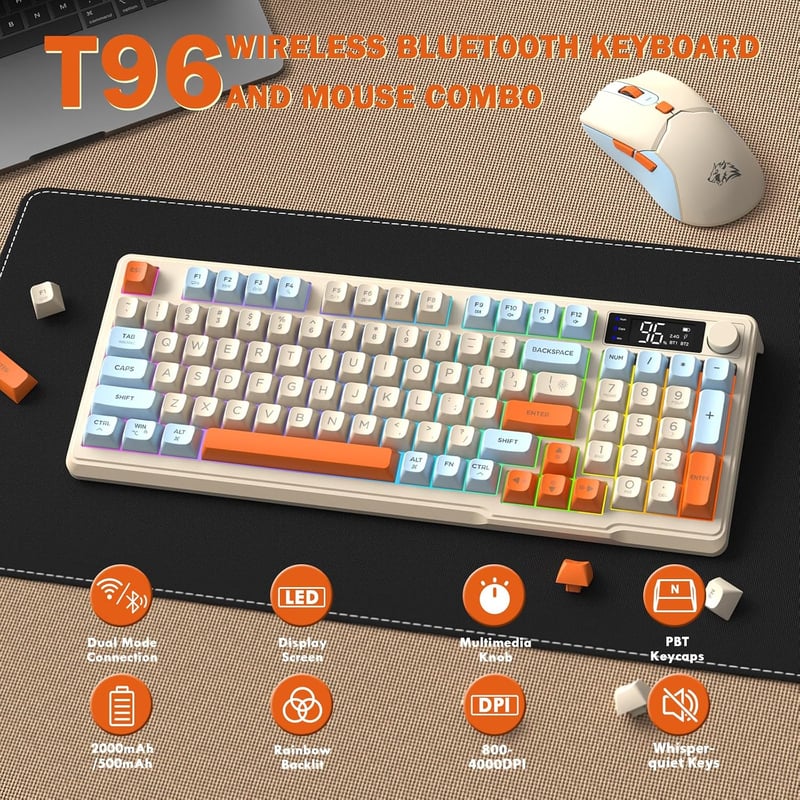 FREEWOLF T96 vezeték nélküli billentyűzet és egér Bluetooth és 2.4G, PBT keycaps, QWERTY, kijelző, médiahúzógörgő, halk, Blueberry