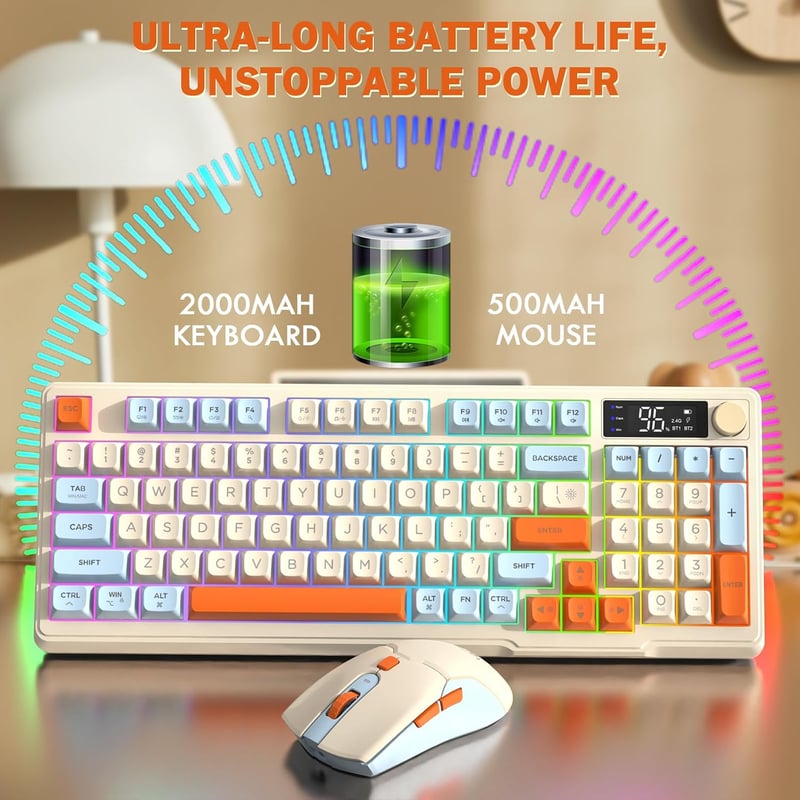 FREEWOLF T96 vezeték nélküli billentyűzet és egér Bluetooth és 2.4G, PBT keycaps, QWERTY, kijelző, médiahúzógörgő, halk, Blueberry
