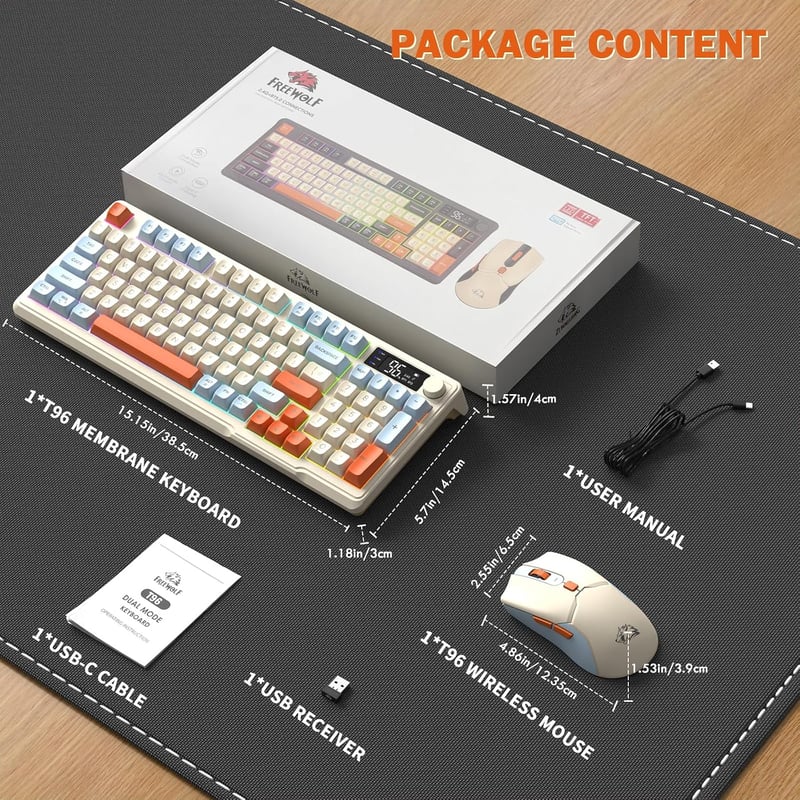 FREEWOLF T96 vezeték nélküli billentyűzet és egér Bluetooth és 2.4G, PBT keycaps, QWERTY, kijelző, médiahúzógörgő, halk, Blueberry