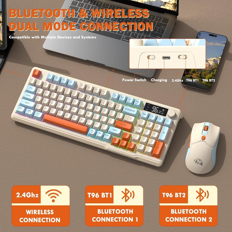 FREEWOLF T96 vezeték nélküli billentyűzet és egér Bluetooth és 2.4G, PBT keycaps, QWERTY, kijelző, médiahúzógörgő, halk, Blueberry