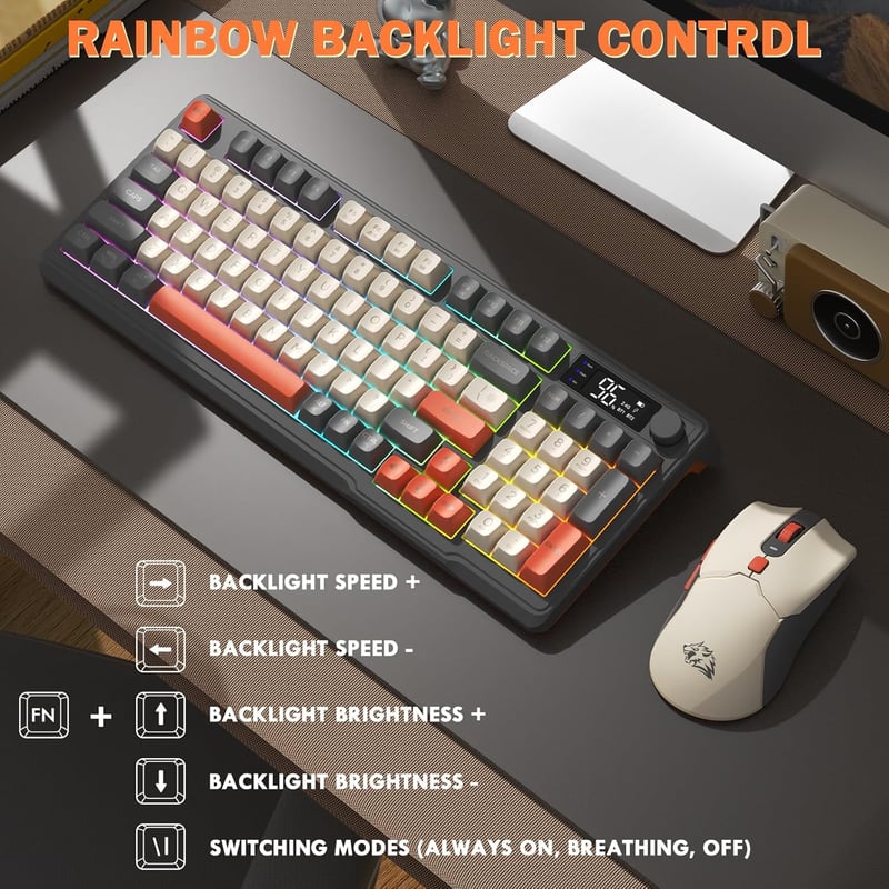 FREEWOLF T96 Wireless Billentyűzet és Egér, Bluetooth 2.4G, PBT Billentyűk, Csendes
