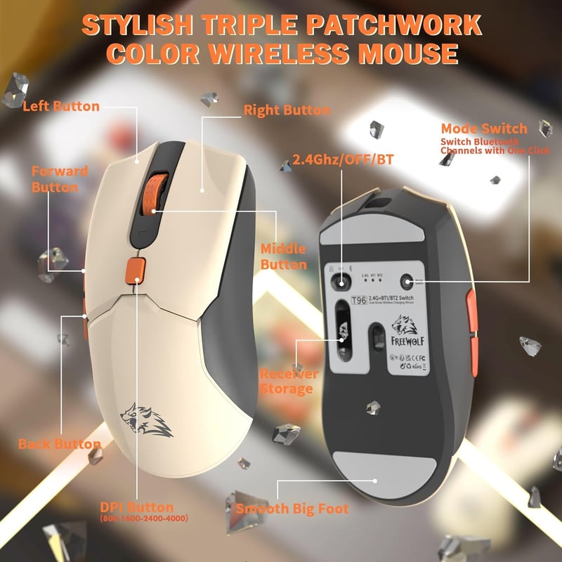 FREEWOLF T96 Wireless Billentyűzet és Egér, Bluetooth 2.4G, PBT Billentyűk, Csendes