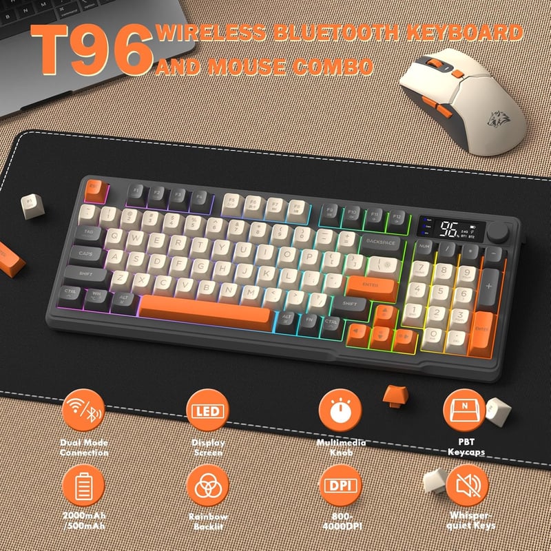 FREEWOLF T96 Wireless Billentyűzet és Egér, Bluetooth 2.4G, PBT Billentyűk, Csendes