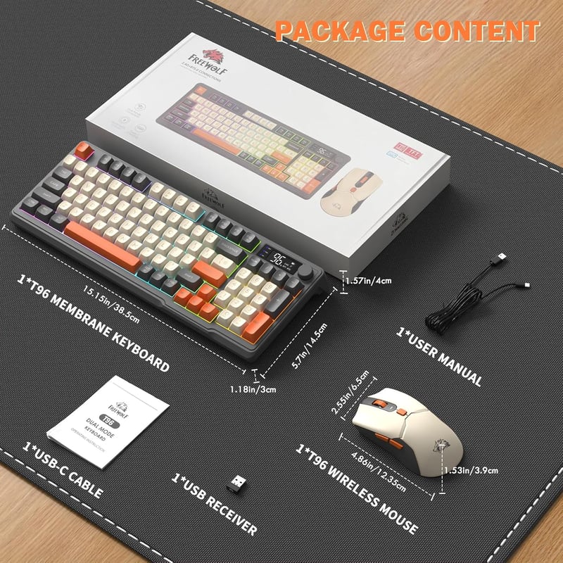 FREEWOLF T96 Wireless Billentyűzet és Egér, Bluetooth 2.4G, PBT Billentyűk, Csendes