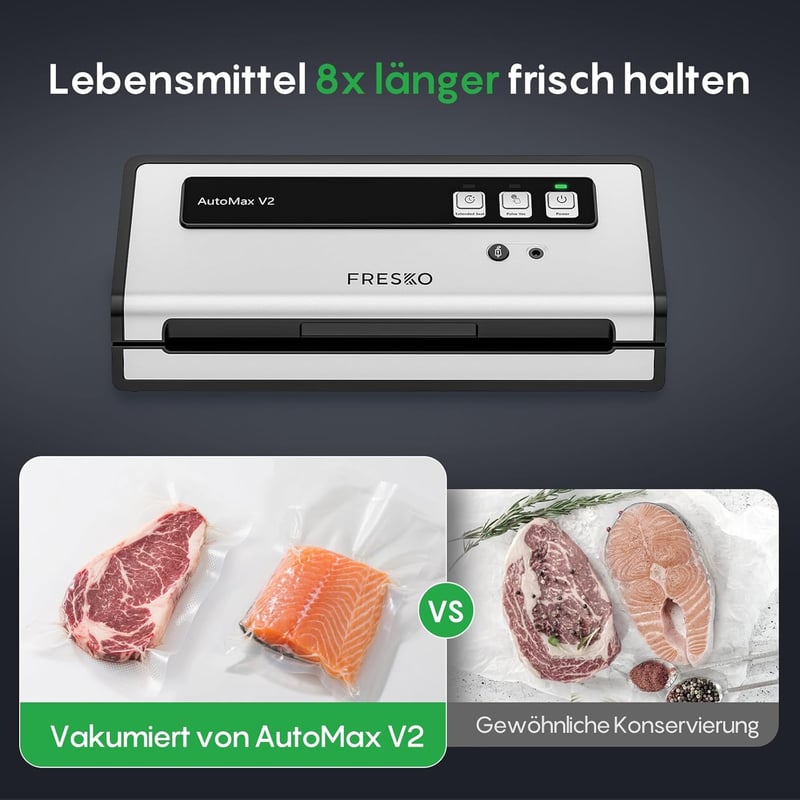 Fresko Automax V2 Automata Vákuumcsomagoló 140W, Dupla Hőzárás, Száraz/Nedves Mód, Egykezes Működés, 10 Zacskóval