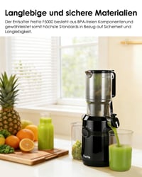 Fretta Slow Juicer odšťavovač na ovocie a zeleninu lisovaný za studena, plniaci otvor 108 mm, 1 l, BPA-free Tritan, jednoduché čistenie, čierny 3
