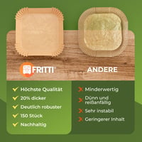 Hârtie de copt FRITTI pentru friteuză cu aer cald, 150 bucăți, testată DEKRA, 16-20 cm, accesoriu pătrat pentru Airfryer, pentru aparate cu capacitate de 2-5L 2