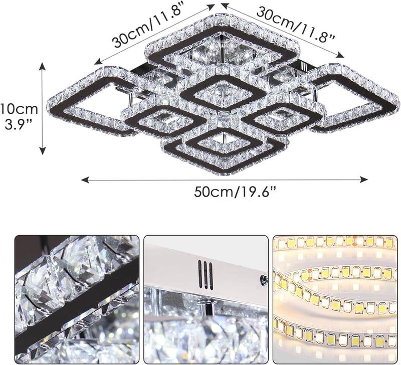 FRIXCHUR LED Kristály Mennyezeti Lámpa 50cm 8 Izzós Négyzet 72W 6500K